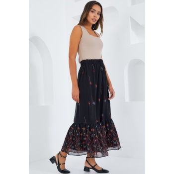 Kadın Siyah Turuncu Desenli Şifon Etek 8010