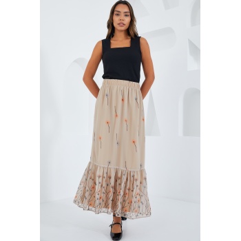 Kadın Krem Desenli Şifon Etek 8010