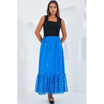 Kadın Saks Desenli Şifon Etek 8010