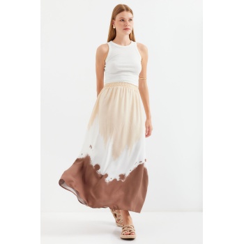 8025 Desenli Uzun Viskon Etek - Bej