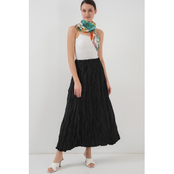 Kadın Uzun Kırışık Etek 8042 - Siyah