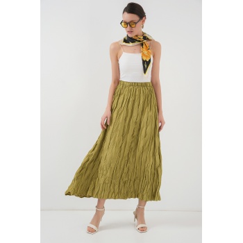 Kadın Uzun Kırışık Etek 8042 - E.Yeşil