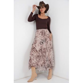 Kadın Asimetrik Kesim Şifon Etek 8056 - Bej