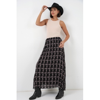 Kadın Desenli Astarlı Şifon Etek 8058 - Siyah