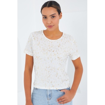 Kadın Ekru Varaklı Basic Tişört 909