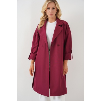 9104 Kruvaze Yaka Astarlı Trençkot - Bordo