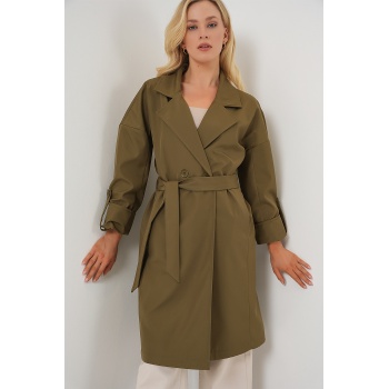 9104 Kruvaze Yaka Astarlı Trençkot - Haki