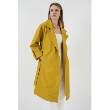 9104 Kruvaze Yaka Astarlı Trençkot - E.Yeşil