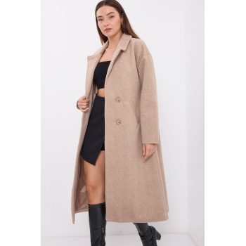 9113 Oversize Geniş Kesim Yünlü Uzun Kaşe Kaban - Bisküvi