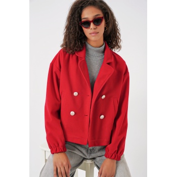9117 Kruvaze Yaka Crop Ceket - Kırmızı