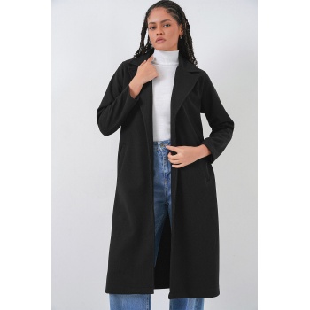 9118 Kruvaze Yaka Kaşe Kaban - Siyah