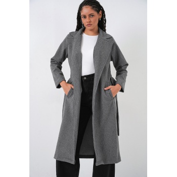 9118 Kruvaze Yaka Kaşe Kaban - Füme