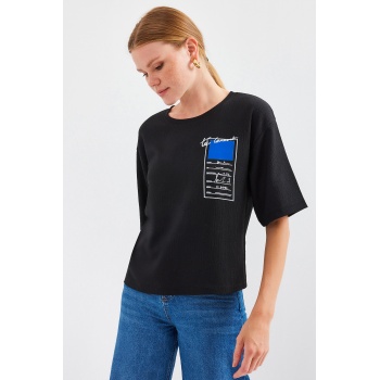 911 Baskılı Örme Basic Tişört - Siyah