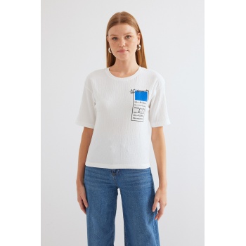 911 Baskılı Örme Basic Tişört - Mavi