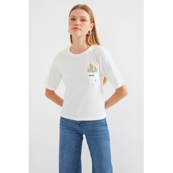 912 Baskılı Örme Basic Tişört - Beyaz