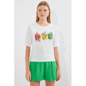 913 Baskılı Örme Basic Tişört - Beyaz