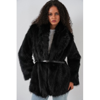 Kadın Kemerli Oversize Kürklü Kaban 9156 - Siyah