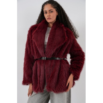 Kadın Kemerli Oversize Kürklü Kaban 9156 - Bordo