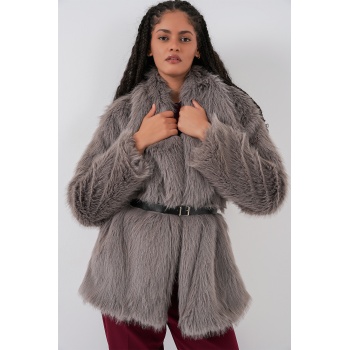 Kadın Kemerli Oversize Kürklü Kaban 9156 - Füme
