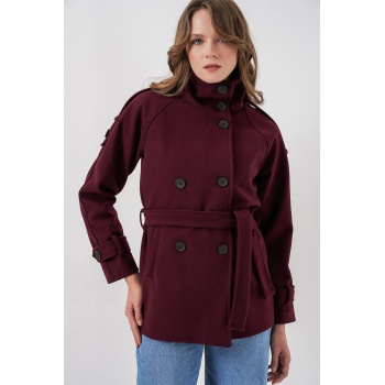 Kadın Kuşaklı Kaşe Kaban 9162 - Bordo