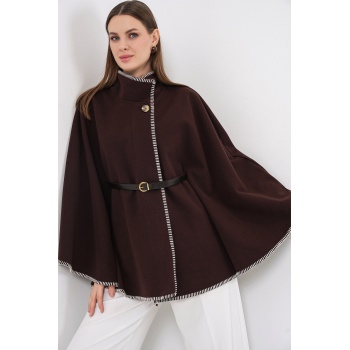 Kadın Dikiş Detaylı Kaşe Panço 9166 - Kahverengi