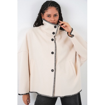 Kadın Nakışlı Kaşe Ceket 9167 - Ekru