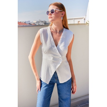 916 Düğme Detaylı Örme Yelek - Beyaz