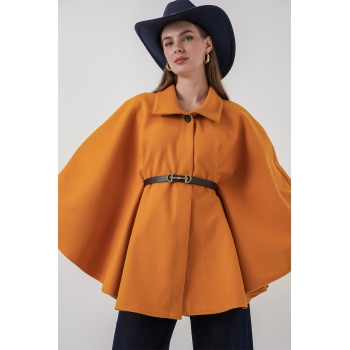 Kadın Kemerli Kaşe Panço 9170 - Hardal