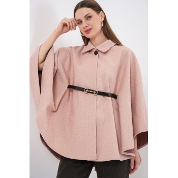 Kadın Kemerli Kaşe Panço 9170 - Pudra