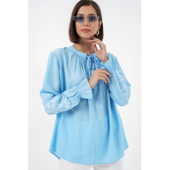Kadın Nakışlı Örme Bluz 941 - Mavi