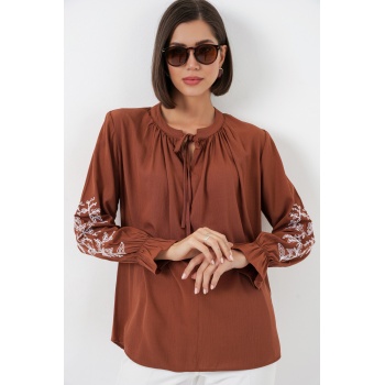 Kadın Nakışlı Örme Bluz 941 - Kiremit