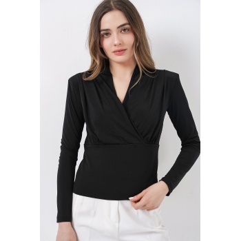 Kadın Omuz Vatkalı Kruvaze Yaka Bluz 942 - Siyah