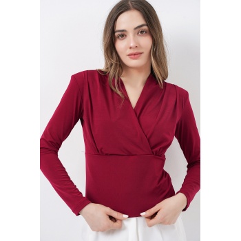 Kadın Omuz Vatkalı Kruvaze Yaka Bluz 942 - Bordo