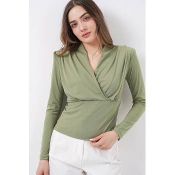 Kadın Omuz Vatkalı Kruvaze Yaka Bluz 942 - E.Yeşil