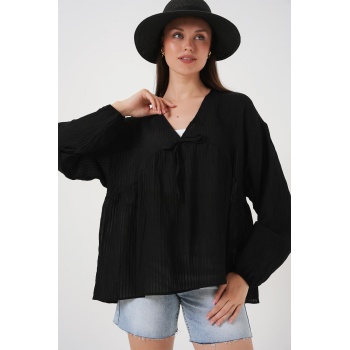 Kadın Önü Bağcıklı Uzun Kol Bluz 946 - Siyah