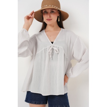 Kadın Önü Bağcıklı Uzun Kol Bluz 946 - Ekru