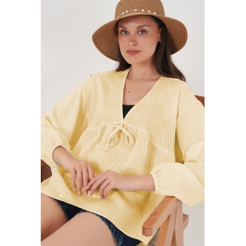 Kadın Önü Bağcıklı Uzun Kol Bluz 946 - Sarı