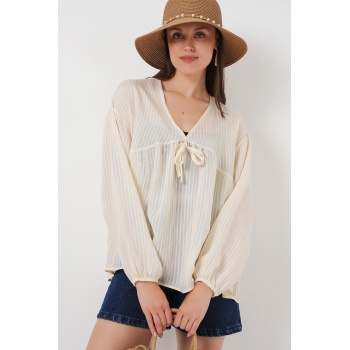 Kadın Önü Bağcıklı Uzun Kol Bluz 946 - Krem