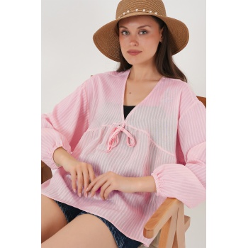 Kadın Önü Bağcıklı Uzun Kol Bluz 946 - Pembe