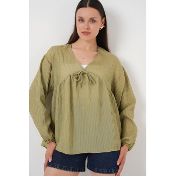 Kadın Önü Bağcıklı Uzun Kol Bluz 946 - Çağla