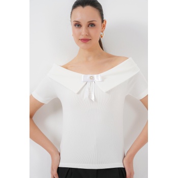 Kurdele Detaylı Örme Bluz 949 - Beyaz