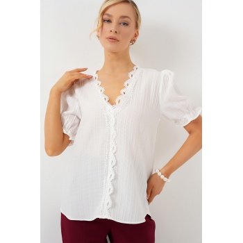 Kadın V Yaka Dantelli Bluz 956 - Beyaz