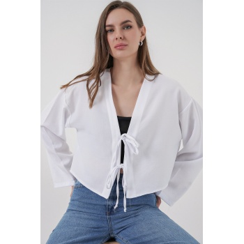 Önü Bağlamalı Keten Kimono 960 - Beyaz