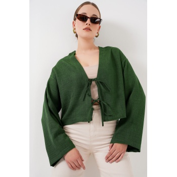 Önü Bağlamalı Keten Kimono 960 - Zümrüt Yeşili