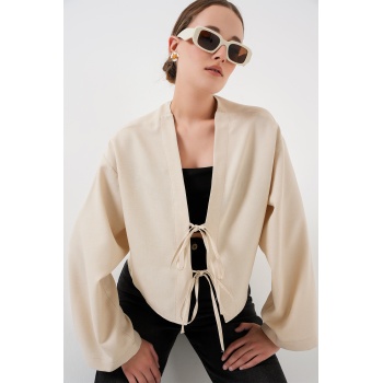 Önü Bağlamalı Keten Kimono 960 - Krem