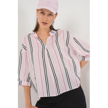 Kadın Çizgili Oversize Bluz 967 - Pembe