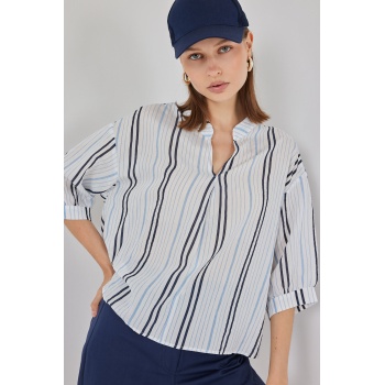 Kadın Çizgili Oversize Bluz 967 - Açık Mavi