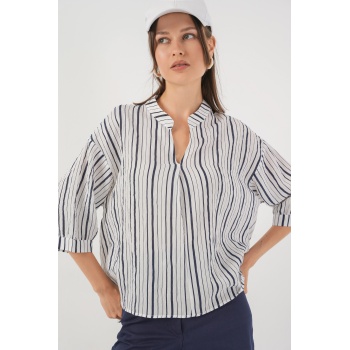 Kadın Çizgili Oversize Bluz 967 - F.Lacivert