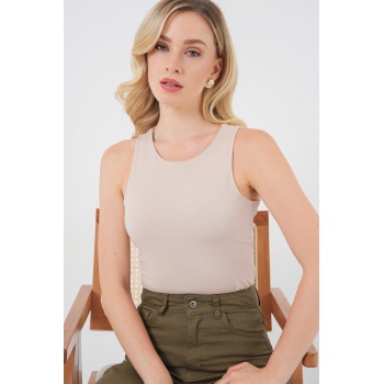 Kadın Halter Yaka Çıtçıtlı Body 972 - Bej