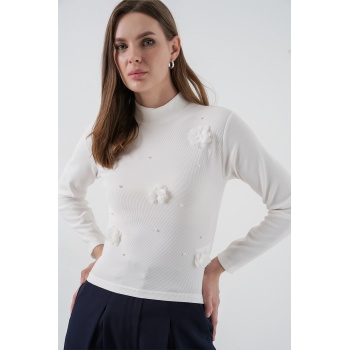 Kadın Çiçekli Örme Bluz 978 - Beyaz